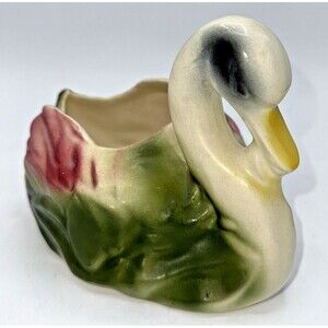 Retro Ceramic Pottery Swan Planter Vase 1950's Pink Green Decor Figurine 5.5"